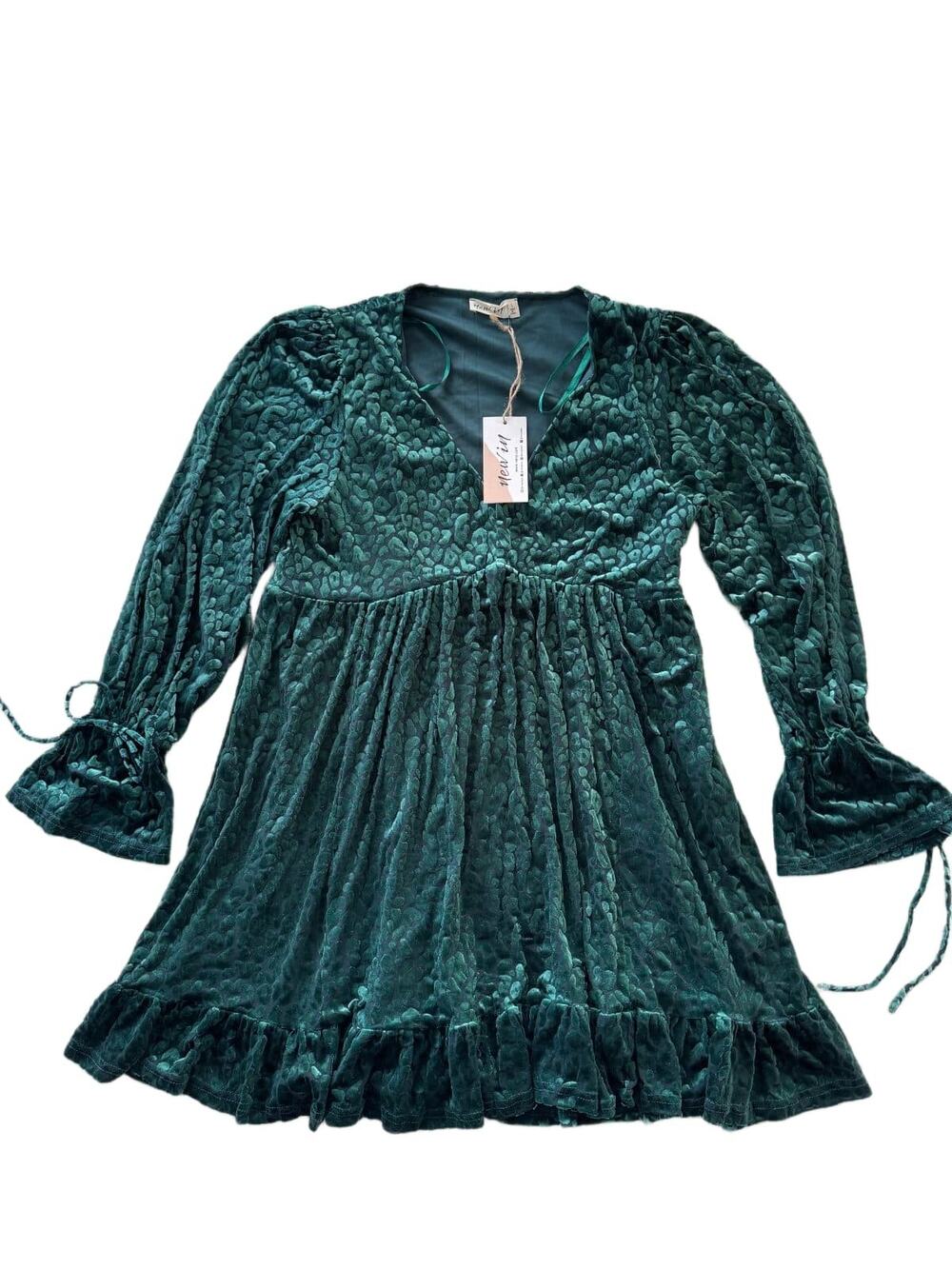VICI Your Ex Is A Cheetah Dress L Forest Green Velvet Burnout Mini Babydoll NWT